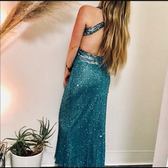 ADRIANNA PAPELL Turquoise Silk Beaded Ball Gown Maxi Floor Length Formal Dress 4 - Picture 5 of 8